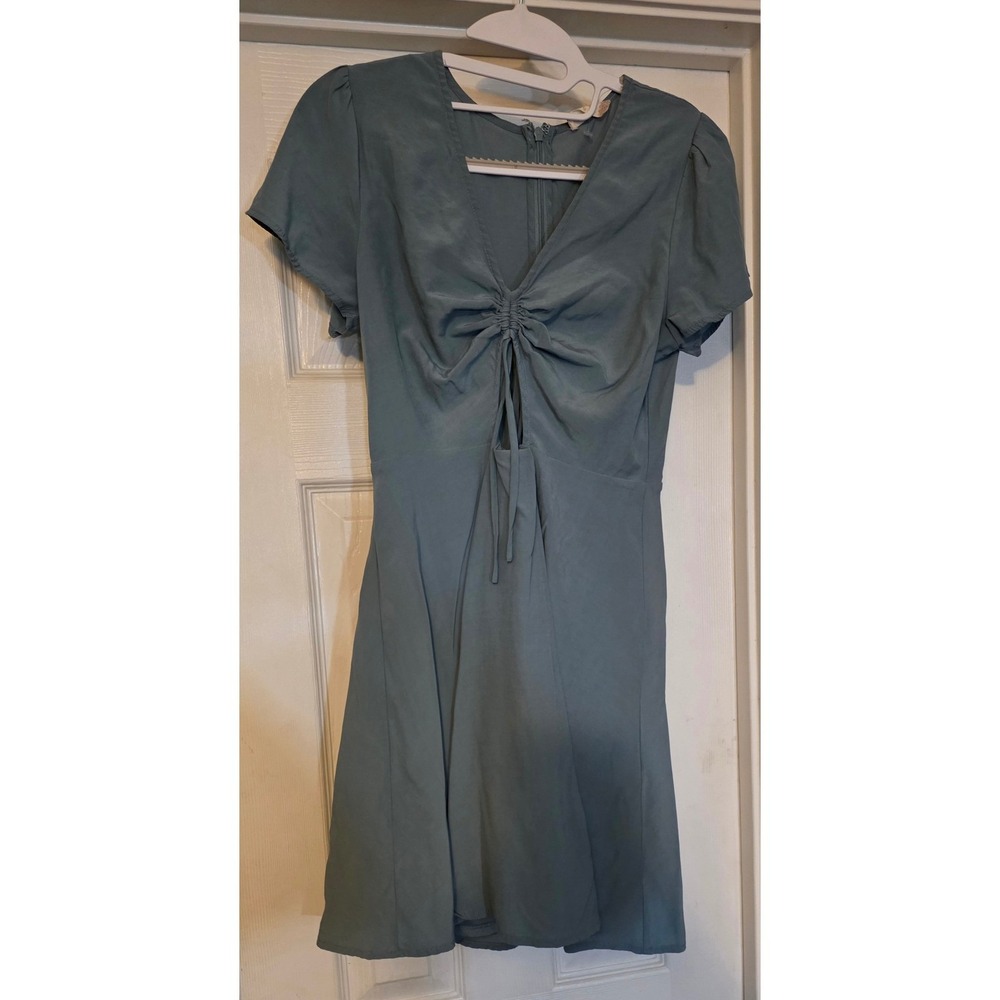 Dusty Blue V-Neck Keyhole Ruched Mini Dress Short Sleeve AN50624 Medium